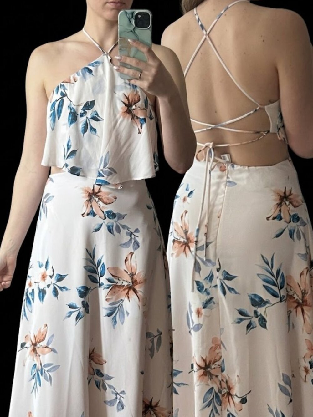 Lulus Blush Cream Floral Low Back Halter Maxi Dress